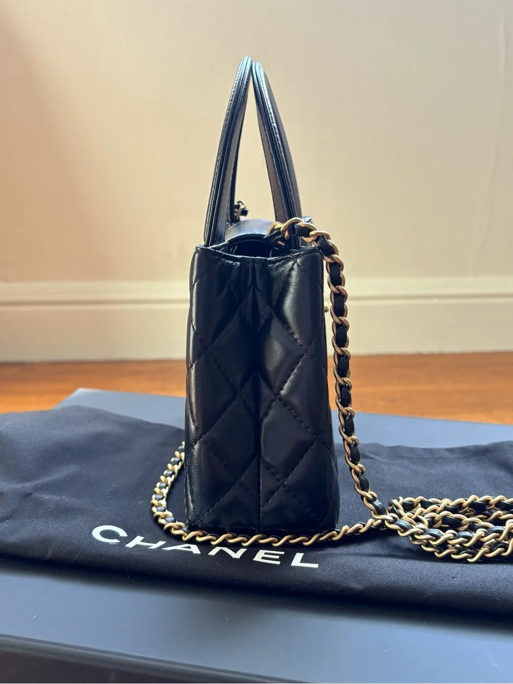 CHANEL Black Quilted Mini Top-Handle Bag with Gold CC